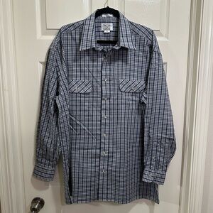 Men’s Long Sleeve Button Down Shirt Double Pocket Blue Gray Stripe Plaid Size 1X